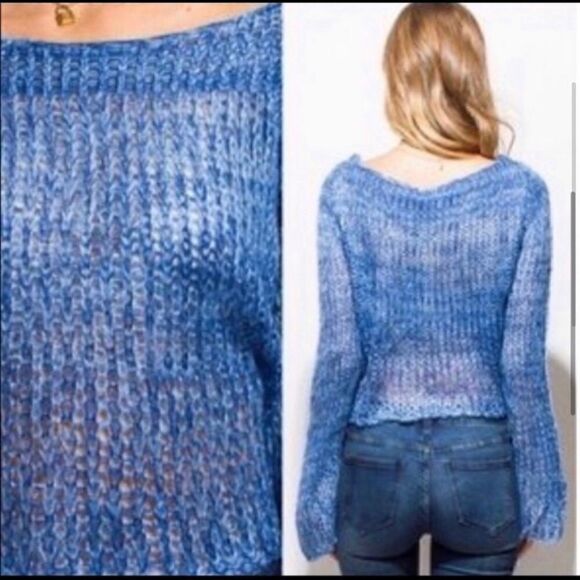 UNIQ BRAND BELL SLEEVE KNIT METALLIC BLUE CROP SWEATER - Picture 2 of 6